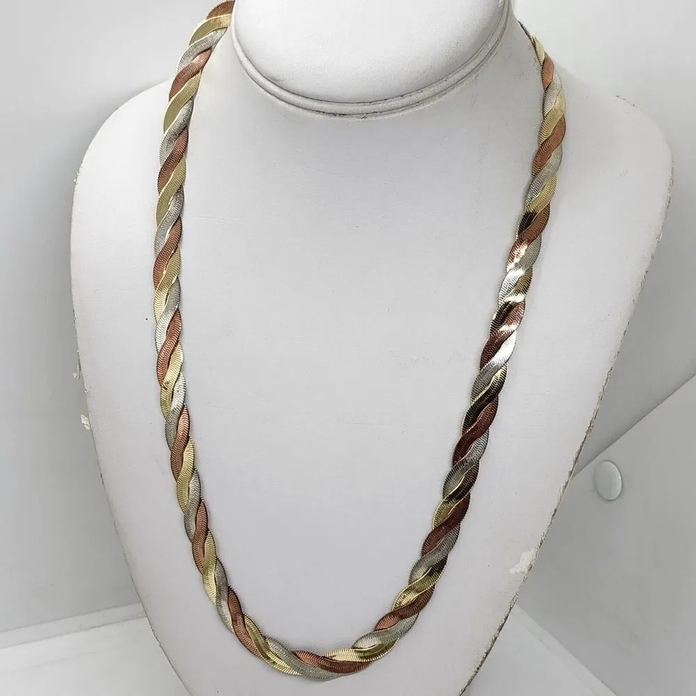 Vintage Korea Three Tone Herring Bone‎ Chain Necklace